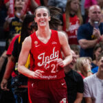 Indiana Fever guard Caitlin Clark (22) before the game against the Connecticut Sun at Gainbridge Fieldhouse.