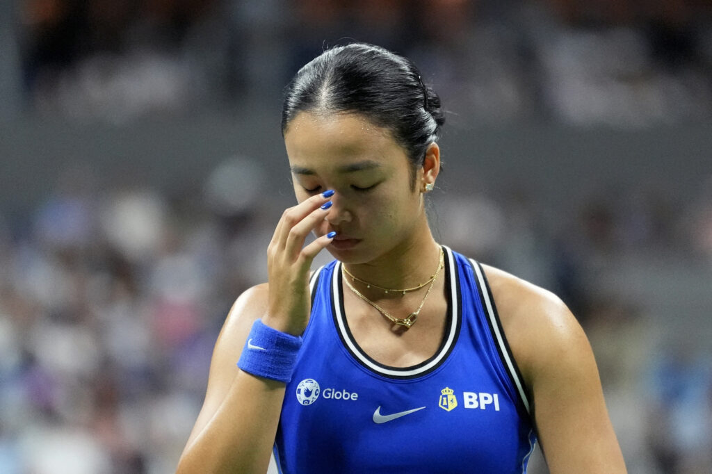 Alex Eala reacts during her third round match against Iva Jovic of the U.S.