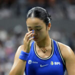 Alex Eala reacts during her third round match against Iva Jovic of the U.S.