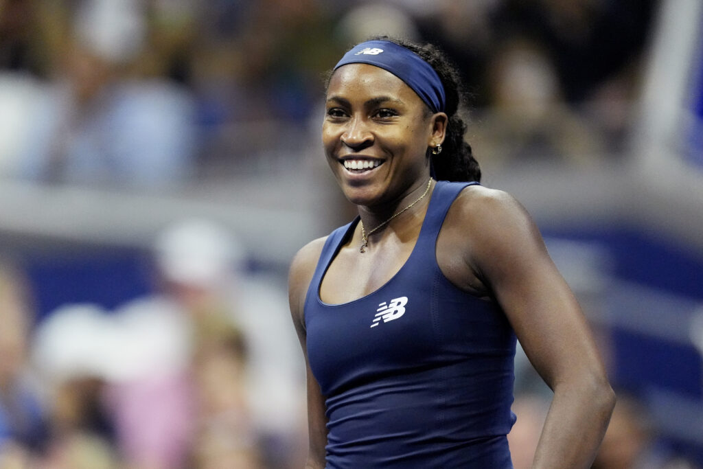 Coco Gauff of the U.S. celebrates winning her round of 16 match against Iva Jovic.