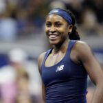 Coco Gauff of the U.S. celebrates winning her round of 16 match against Iva Jovic.