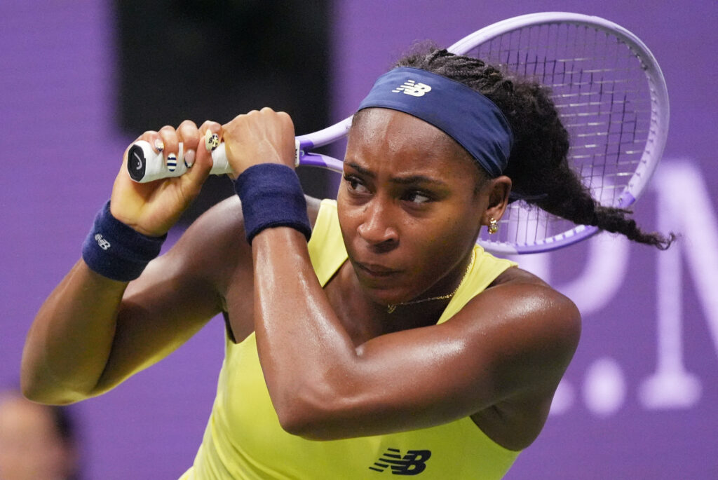 Coco Gauff of the U.S. in action during her semi-final match against Kazakhstan's Elena Rybakina.