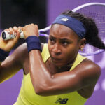 Coco Gauff of the U.S. in action during her semi-final match against Kazakhstan's Elena Rybakina.