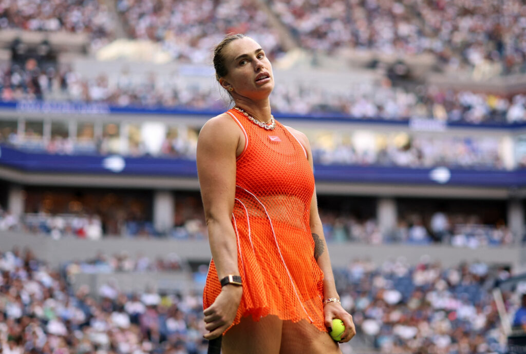 Aryna Sabalenka reacts during her final match against Kazakhstan's Elena Rybakina at the US Open 2026.