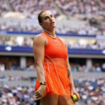 Aryna Sabalenka reacts during her final match against Kazakhstan's Elena Rybakina at the US Open 2026.