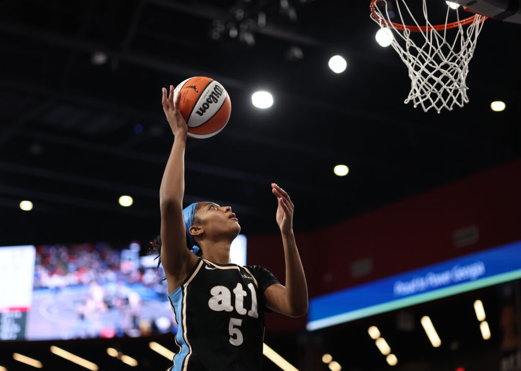 Atlanta Dream forward Angel Reese (5) shoots a layup during the second quarter against the Connecticut Sun at Gateway Center Arena at College Park.