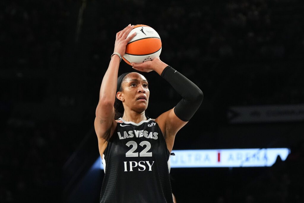 Las Vegas Aces center A'ja Wilson (22) shoots a free throw against the Seattle Storm in the second quarter at Michelob Ultra Arena.