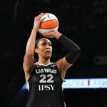 Las Vegas Aces center A'ja Wilson (22) shoots a free throw against the Seattle Storm in the second quarter at Michelob Ultra Arena.