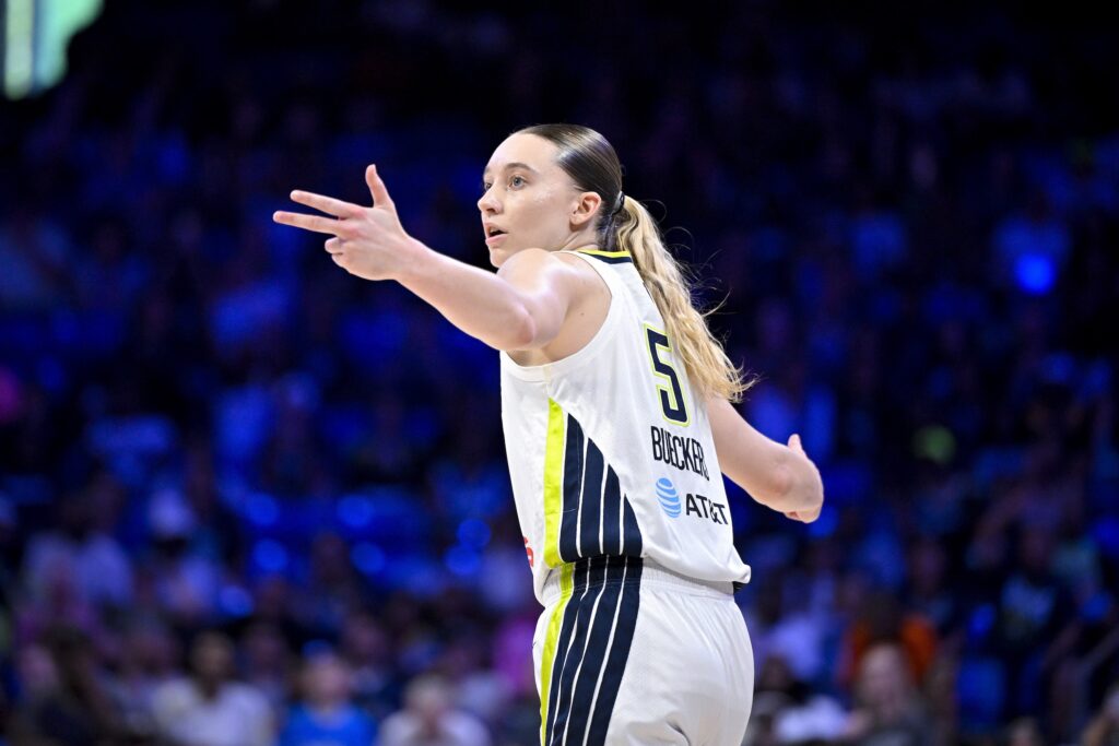 Dallas Wings guard Paige Bueckers (5) celebrates during the game between the Wings and the Mercury at College Park Center.