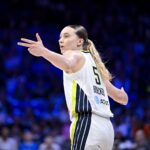 Dallas Wings guard Paige Bueckers (5) celebrates during the game between the Wings and the Mercury at College Park Center.