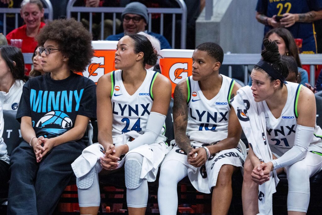 Four of the Minnesota Lynx starters on the bench in the first half against the Indiana Fever at Gainbridge Fieldhouse.