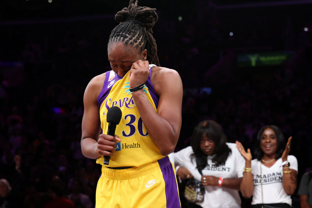Los Angeles Sparks forward Nneka Ogwumike (30) is honored after her last WNBA game after defeated by Golden State Valkyries at Crypto.com Arena.