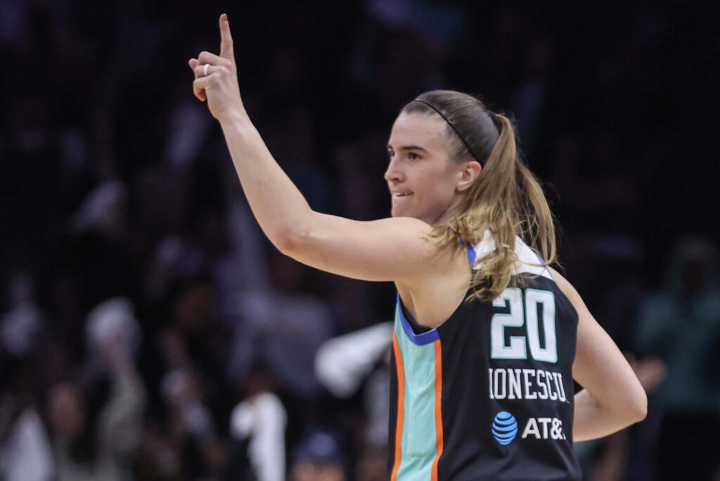 New York Liberty guard Sabrina Ionescu (20) gestures after scoring against the Minnesota Lynx during game two of the first round for the 2026 WNBA Playoffs at Barclays Center.