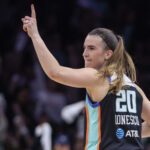 New York Liberty guard Sabrina Ionescu (20) gestures after scoring against the Minnesota Lynx during game two of the first round for the 2026 WNBA Playoffs at Barclays Center.