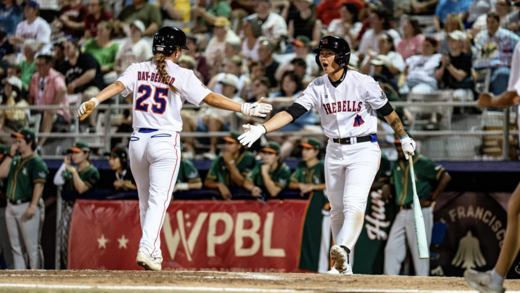 The San Francisco Firebells celebrate a score against the Boston Hunters.