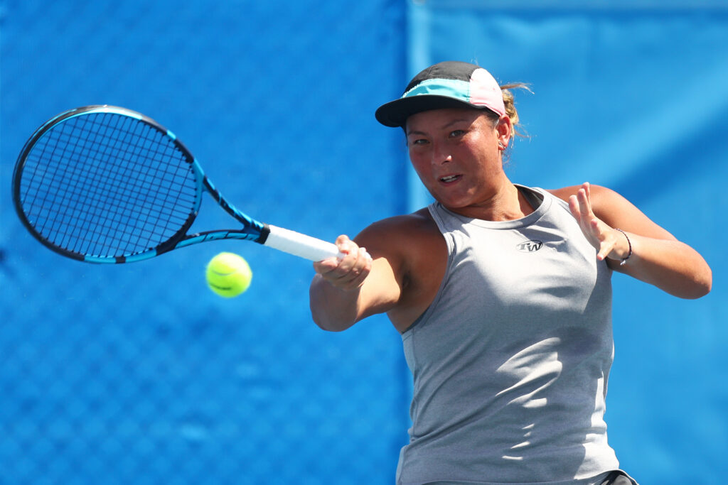 Tara Moore of Great Britain plays a forehand during day 1 of the 2022 Traralgon International at Traralgon Tennis Centre on January 02, 2022 in Traralgon , Australia.