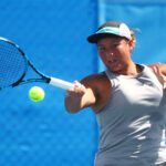 Tara Moore of Great Britain plays a forehand during day 1 of the 2022 Traralgon International at Traralgon Tennis Centre on January 02, 2022 in Traralgon , Australia.