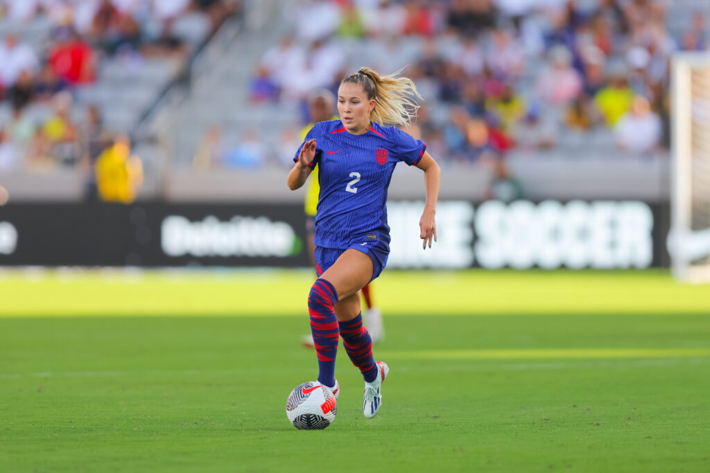 Ashley Sanchez #2 of the United States Women's National Team dribbles the ball during a game between Colombia and USWNT at Snapdragon Stadium.
