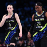 Paige Bueckers #5 and Arike Ogunbowale #24 of the Dallas Wings look on during game against the New York Liberty at Barclays Center.