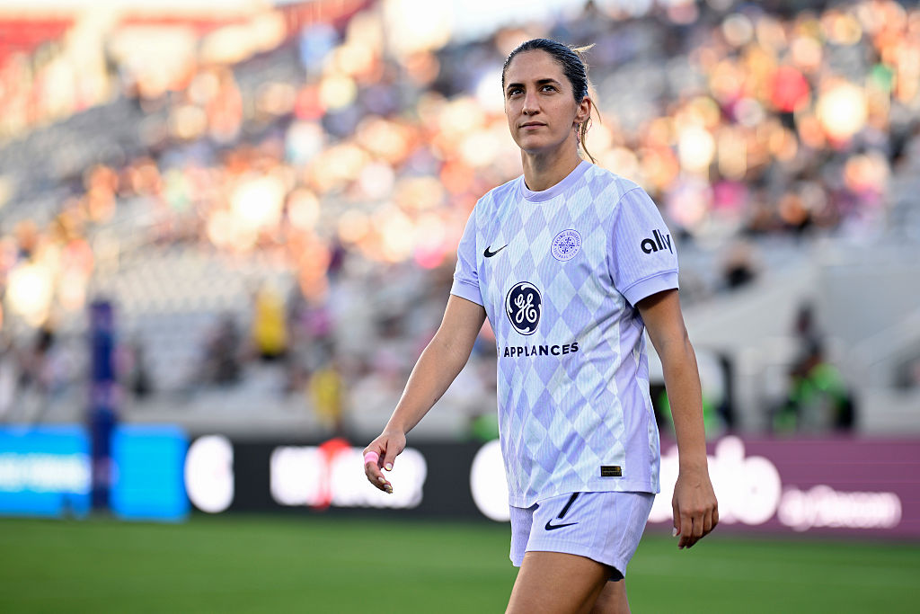 Savannah DeMelo #7 of Racing Louisville FC looks on during halftime against San Diego Wave FC at Snapdragon Stadium on August 24, 2025 in San Diego, California.