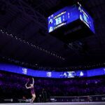 Elena Rybakina of Kazakhstan serves to Aryna Sabalenka during the Singles Final match on day eight of the WTA Finals Riyadh as part of the Hologic WTA Tour 2025 at King Saud University Indoor Arena on November 08, 2025 in Riyadh, Saudi Arabia.