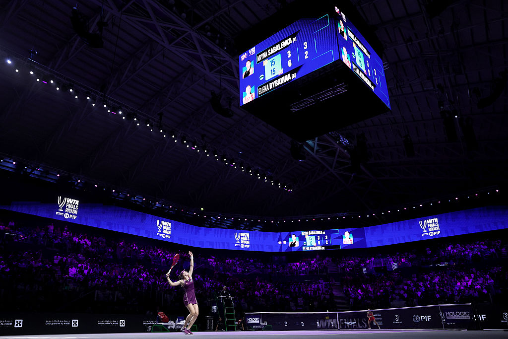 Elena Rybakina of Kazakhstan serves to Aryna Sabalenka during the Singles Final match on day eight of the WTA Finals Riyadh as part of the Hologic WTA Tour 2025 at King Saud University Indoor Arena on November 08, 2025 in Riyadh, Saudi Arabia.