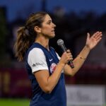 Alex Morgan talks to the crowd during the Goal Cup celebrity soccer match at Rawlinson Stadium on January 17, 2026 in Los Angeles, California.