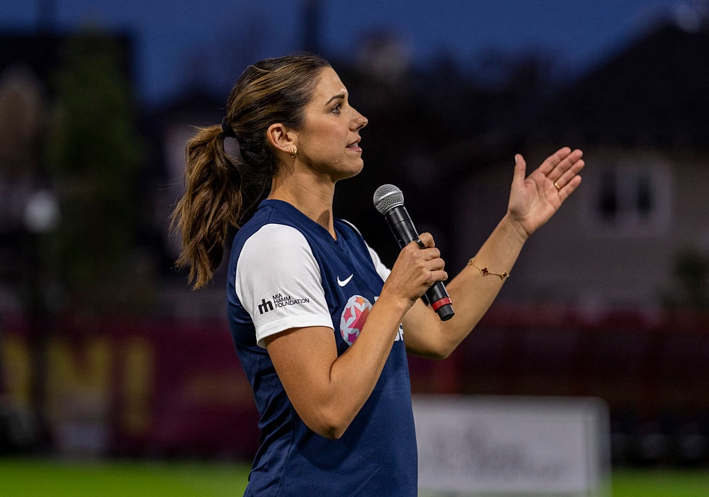 Alex Morgan talks to the crowd during the Goal Cup celebrity soccer match at Rawlinson Stadium on January 17, 2026 in Los Angeles, California.