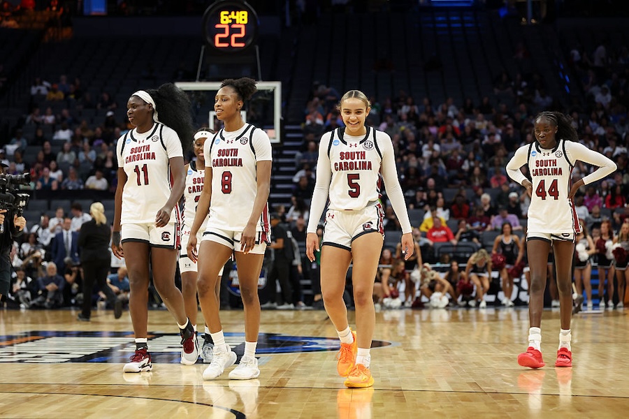 Tessa Johnson #5 of the South Carolina Gamecocks and Joyce Edwards #8 of the South Carolina Gamecocks smile during the fourth quarter of an Elite Eight round game of the 2026 NCAA Women's Basketball Tournament.