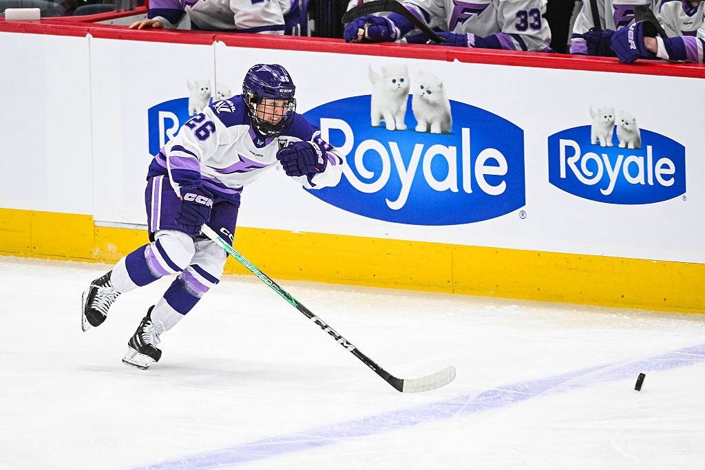 Minnesota Frost forward Kendall Coyne Schofield (26) chases the puck during game one of the Walter Cup Playoffs between the Minnesota Frost and the Montreal Victoire.