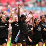 Manchester City players celebrate following the Adobe Women's FA Cup final at Wembley Stadium, London.