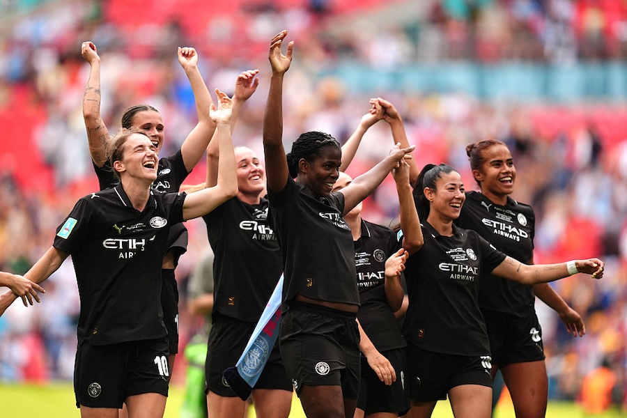 Manchester City players celebrate following the Adobe Women's FA Cup final at Wembley Stadium, London.