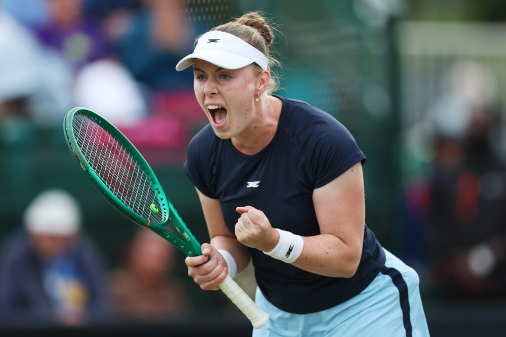 Talia Gibson of Australia celebrates winning match point against Francesca Jones of Great Britain during the Women's Singles First Round match on Day One of the Lexus Nottingham Open.
