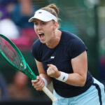 Talia Gibson of Australia celebrates winning match point against Francesca Jones of Great Britain during the Women's Singles First Round match on Day One of the Lexus Nottingham Open.