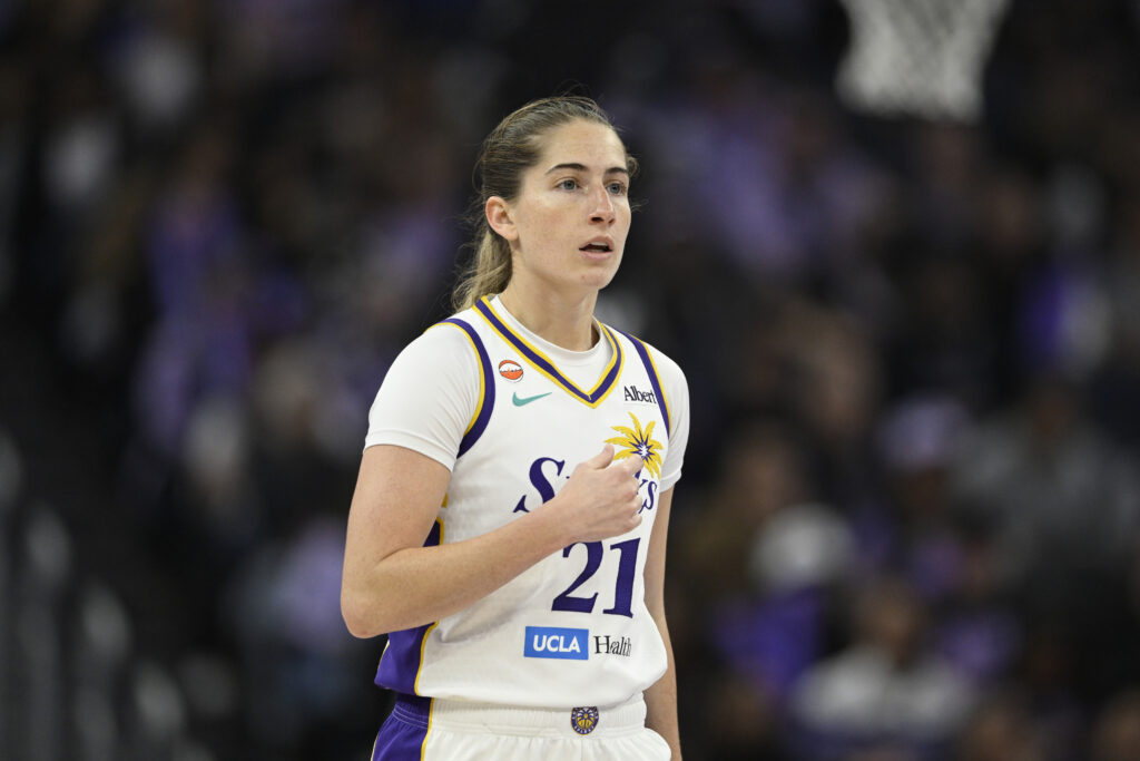 Kate Martin #21 of the Los Angeles Sparks looks on against the Golden State Valkyries in the second quarter during a Commissioner's Cup game at Chase Center on June 15.