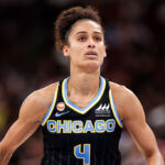 Skylar Diggins #4 of the Chicago Sky looks on during a game between the Las Vegas Aces and the Chicago Sky at the United Center on June 28, 2026 in Chicago, Illinois.
