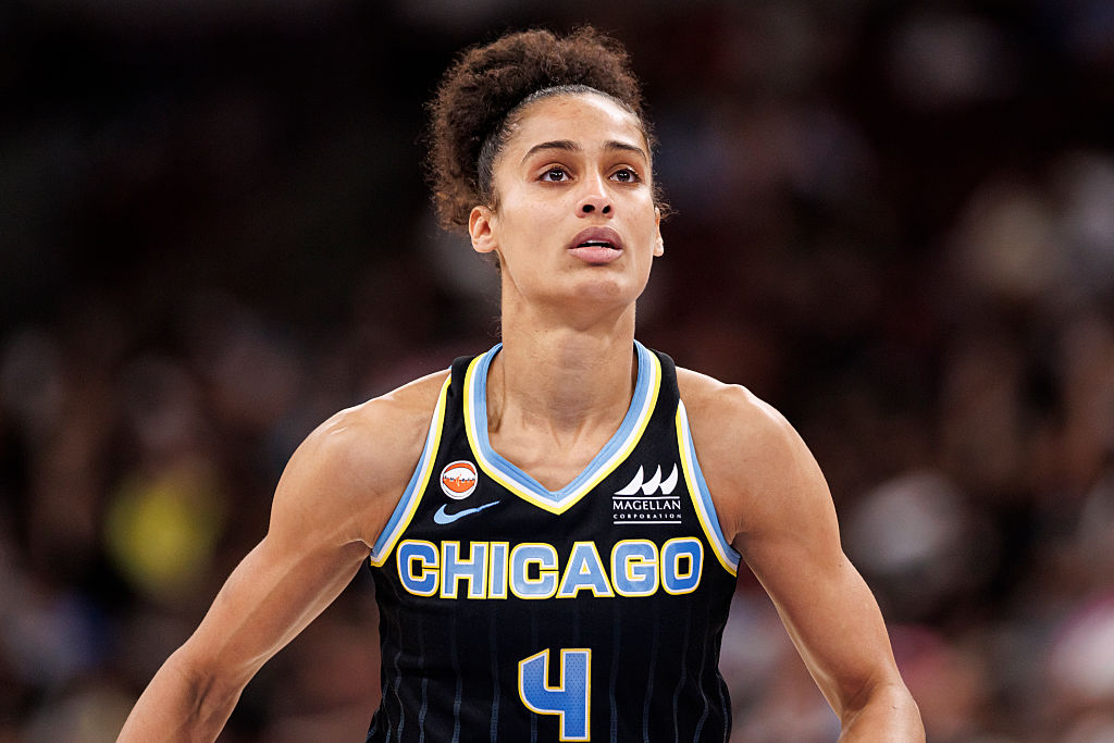 Skylar Diggins #4 of the Chicago Sky looks on during a game between the Las Vegas Aces and the Chicago Sky at the United Center on June 28, 2026 in Chicago, Illinois.