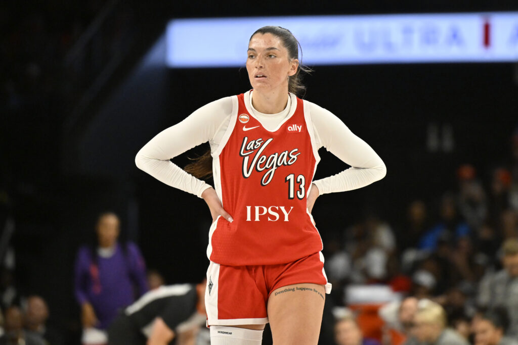 Justine Pissott #13 of the Las Vegas Aces looks on during the game against the Phoenix Mercury on July 11, 2026 at Michelob ULTRA Arena in Las Vegas, Nevada.