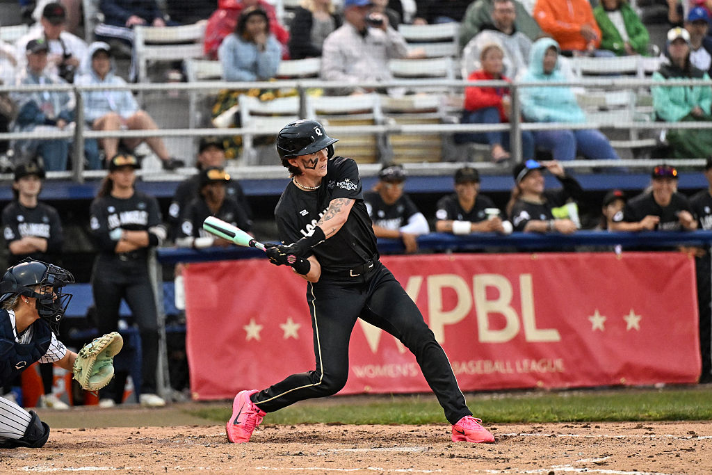 Ashton Lansdell #1 of the Los Angeles Queens bats during the third inning of the Women's Pro Baseball League Opening Day game against the New York Heights at Robin Roberts Field on August 01, 2026 in Springfield, Illinois.