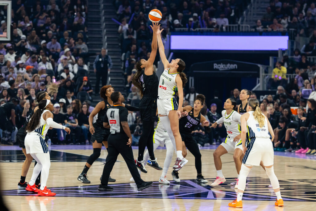 Kiah Stokes #41 of the Golden State Valkyries and Alanna Smith #8 of the Dallas Wings jump for the tipoff during a WNBA game on August 17, 2026 at Chase Center in San Francisco, CA.