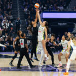 Kiah Stokes #41 of the Golden State Valkyries and Alanna Smith #8 of the Dallas Wings jump for the tipoff during a WNBA game on August 17, 2026 at Chase Center in San Francisco, CA.