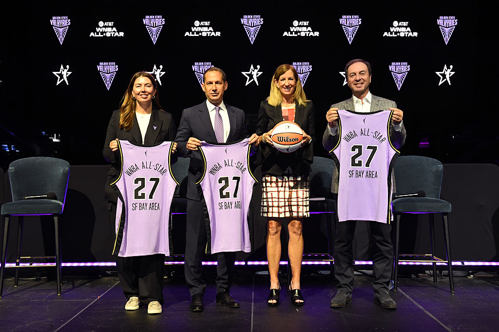 Golden State Valkyries President Jess Smith, Mayor Daniel Lurie, WNBA Commissioner Cathy Engelbert and Owner Joe Lacob pose for a photo as the WNBA announces the Golden State Valkyries and the San Francisco Bay Area as the host for the AT&T WNBA All-Star 2027 on August 18, 2026 at Chase Center in San Francisco, California.