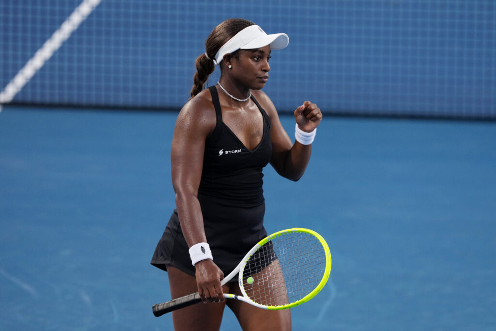 Sloane Stephens of the United States reacts after winning a point during their match against Sinja Kraus of Austria during day four of the Cincinnati Open.