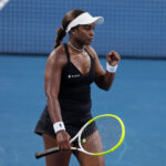 Sloane Stephens of the United States reacts after winning a point during their match against Sinja Kraus of Austria during day four of the Cincinnati Open.