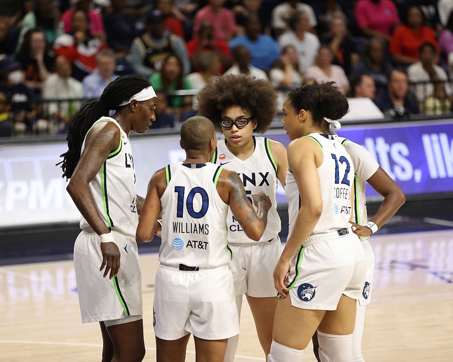 The Minnesota Lynx huddle up during the game against the Washington Mystics on August 21, 2026 at CareFirst Arena.