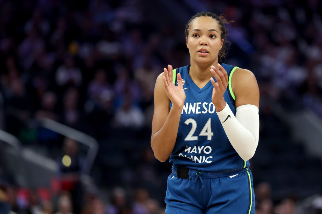 Napheesa Collier #24 of the Minnesota Lynx reacts during their game against the Golden State Valkyries during the second half at Chase Center.