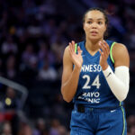 Napheesa Collier #24 of the Minnesota Lynx reacts during their game against the Golden State Valkyries during the second half at Chase Center.