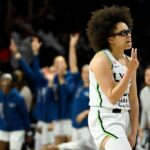 Olivia Miles #5 of the Minnesota Lynx celebrates after a play against the Washington Mystics during the first quarter at CareFirst Arena on August 21, 2026.
