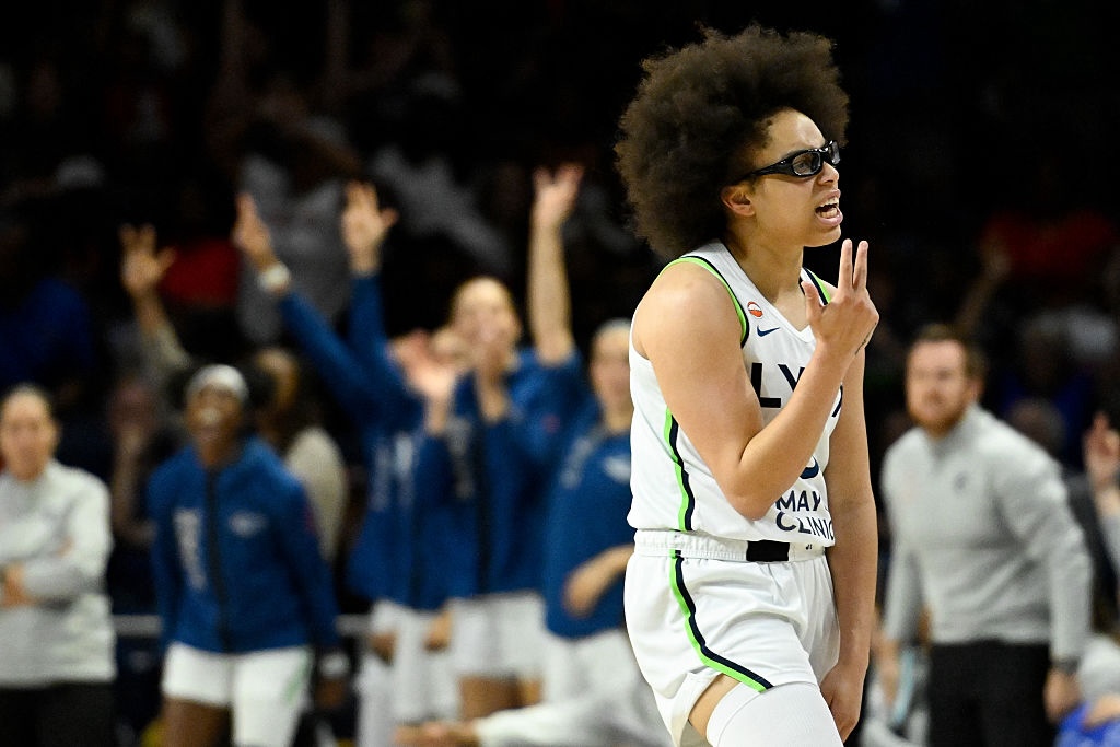 Olivia Miles #5 of the Minnesota Lynx celebrates after a play against the Washington Mystics during the first quarter at CareFirst Arena on August 21, 2026.