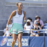 Qinwen Zheng reacts during a women's qualifying singles match during Fan Week as part of the 2026 US Open at USTA Billie Jean King National Tennis Center.